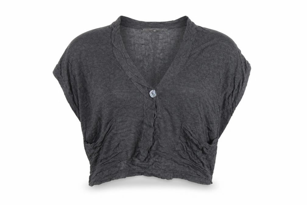 Front view of Preworn women’s grey cardigan jumper, size UK 8