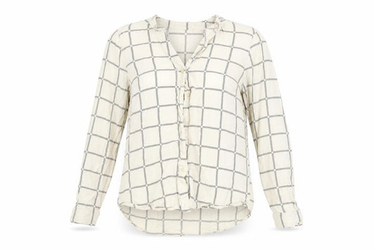 Front view of Primark women’s beige check basic button-up, size UK 8