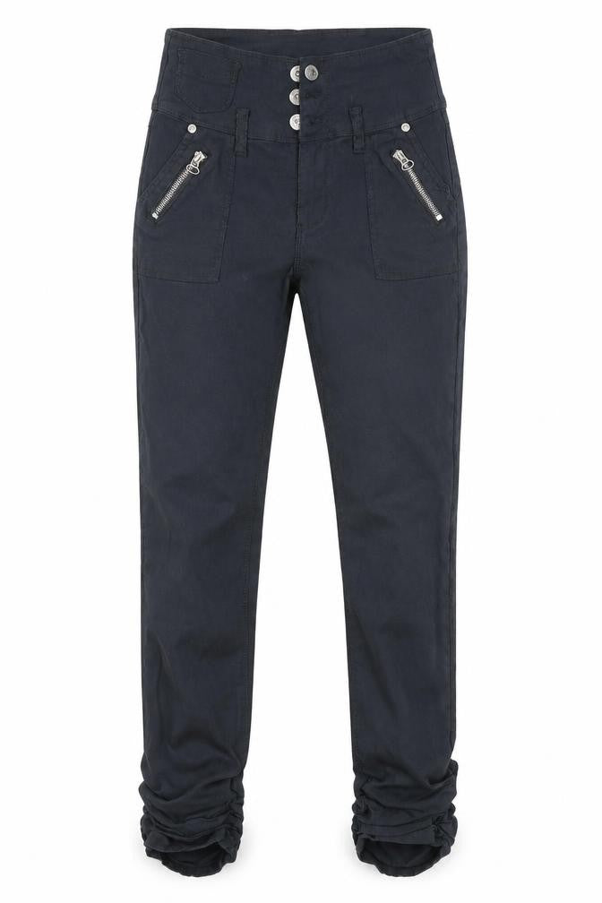 Front view of Preworn women’s grey trousers, size UK 28, in, 33-inch leg