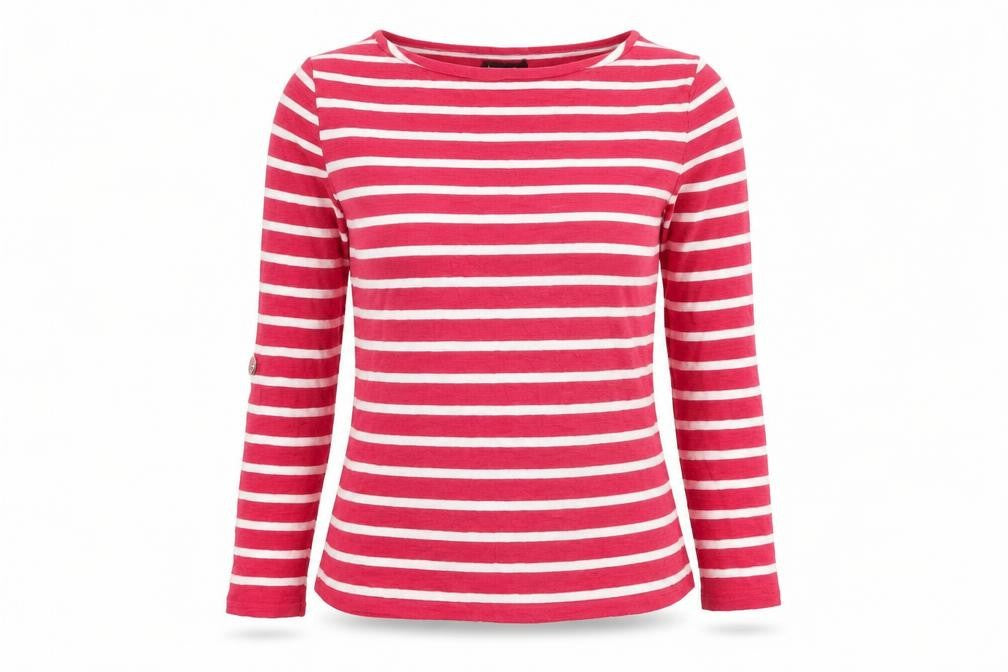 Front view of Pomodoro women’s pink striped jumper, size UK 12