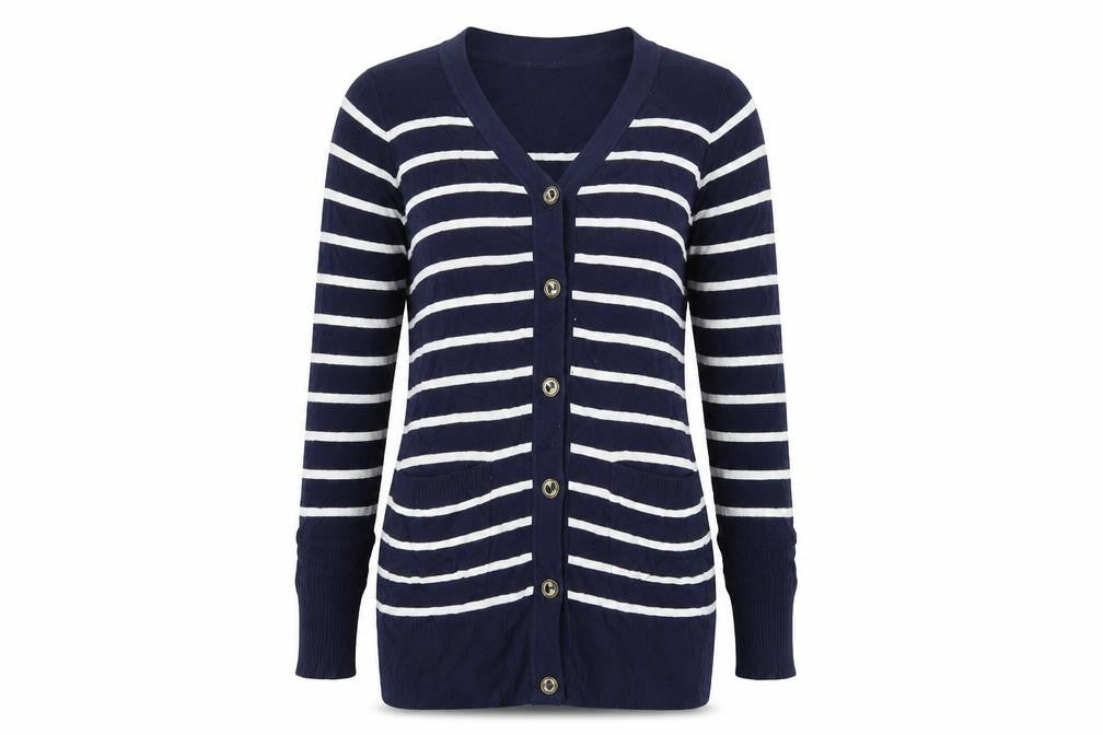 Front view of Motel Rocks women’s blue striped cardigan jumper, size S