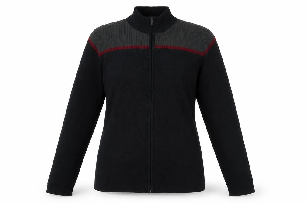 Front view of EWM women’s black full zip jumper, size M