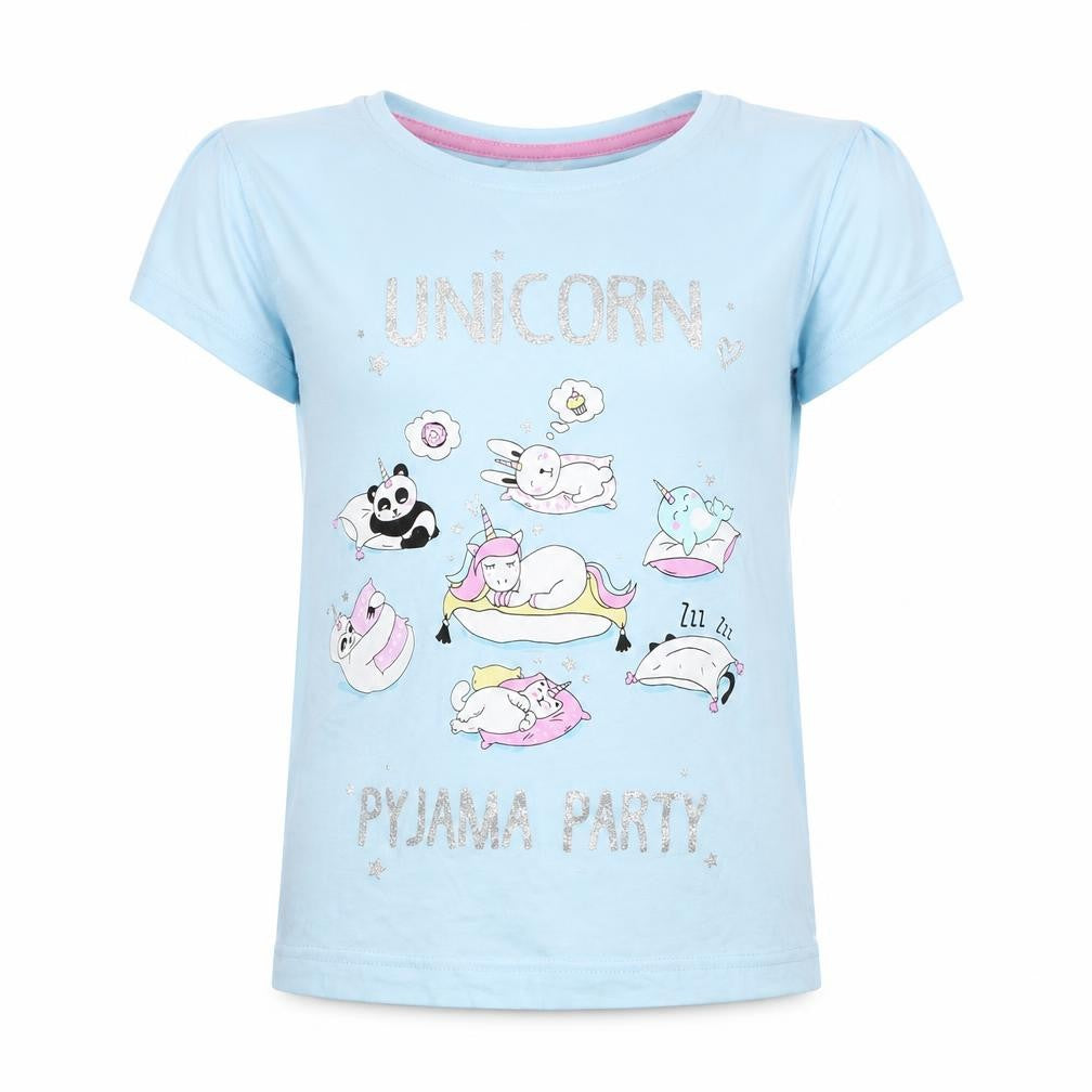 Front view of Matalan girls’ blue top pyjama top, size 8, years - unicorn