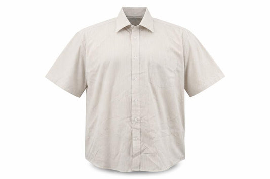Front view of Greenwoods men’s beige striped button-up, size 16