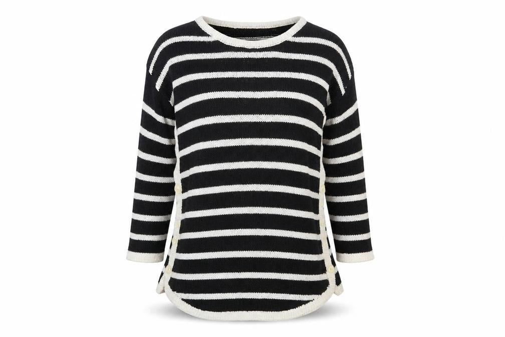 Front view of Next women’s black striped jumper, size UK 10