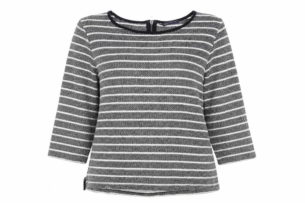 Front view of Marks & Spencer women’s black striped pullover sweatshirt, size UK 16