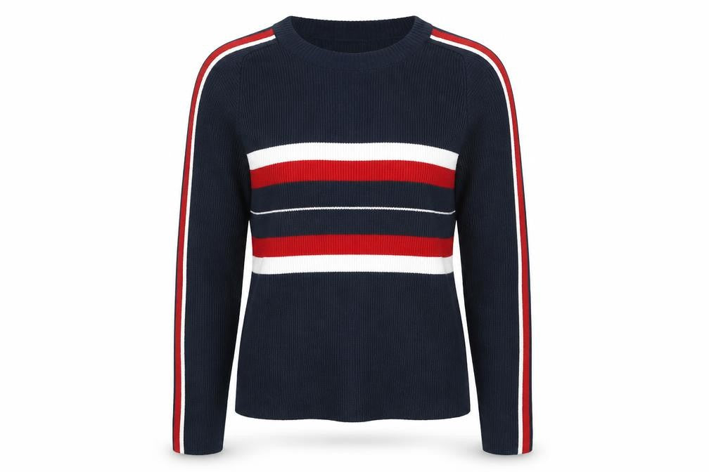 Front view of Primark women’s blue striped pullover sweatshirt, size UK 6