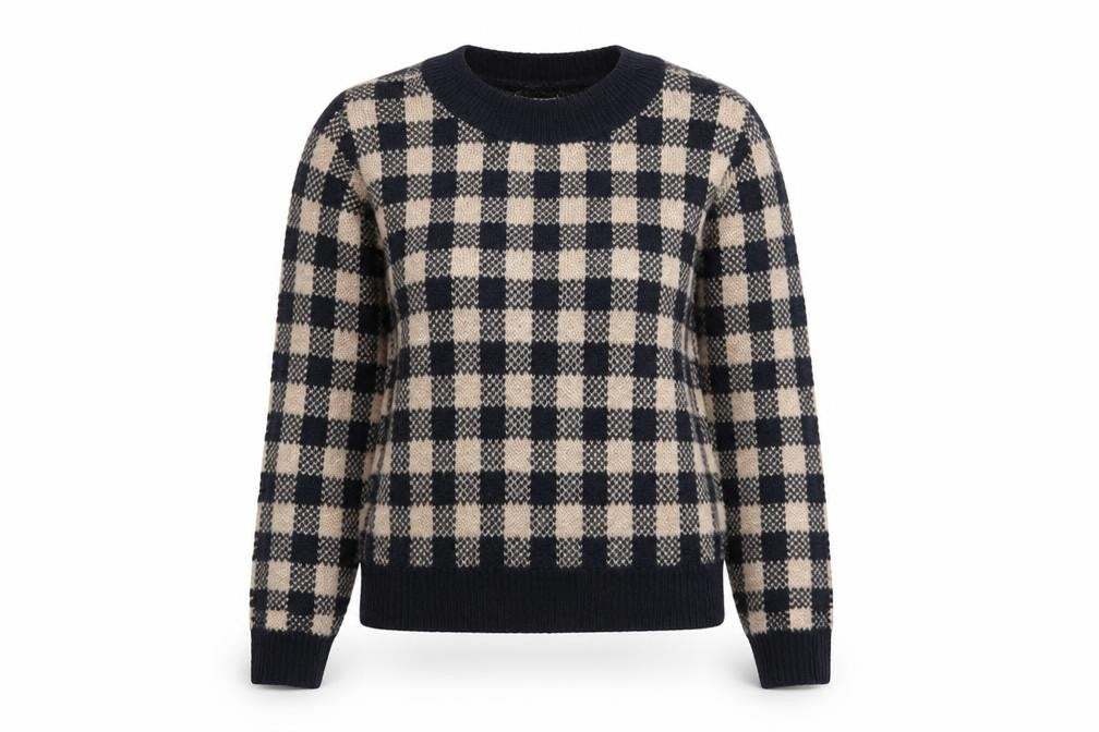 Front view of New Look women’s multicoloured check jumper, size UK 6