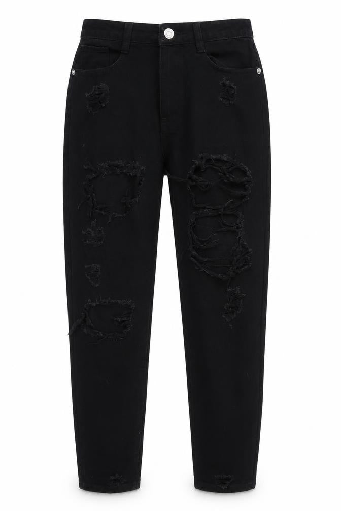 Front view of Missguided women’s black denim mom jeans, size UK 6, 29-inch leg