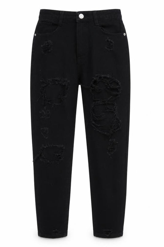 Front view of Missguided women’s black denim mom jeans, size UK 6, 29-inch leg
