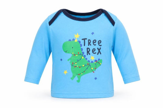 Front view of George Baby Blue Cami Pyjama Top, size 3-6, Months - Christmas Dinosaurs