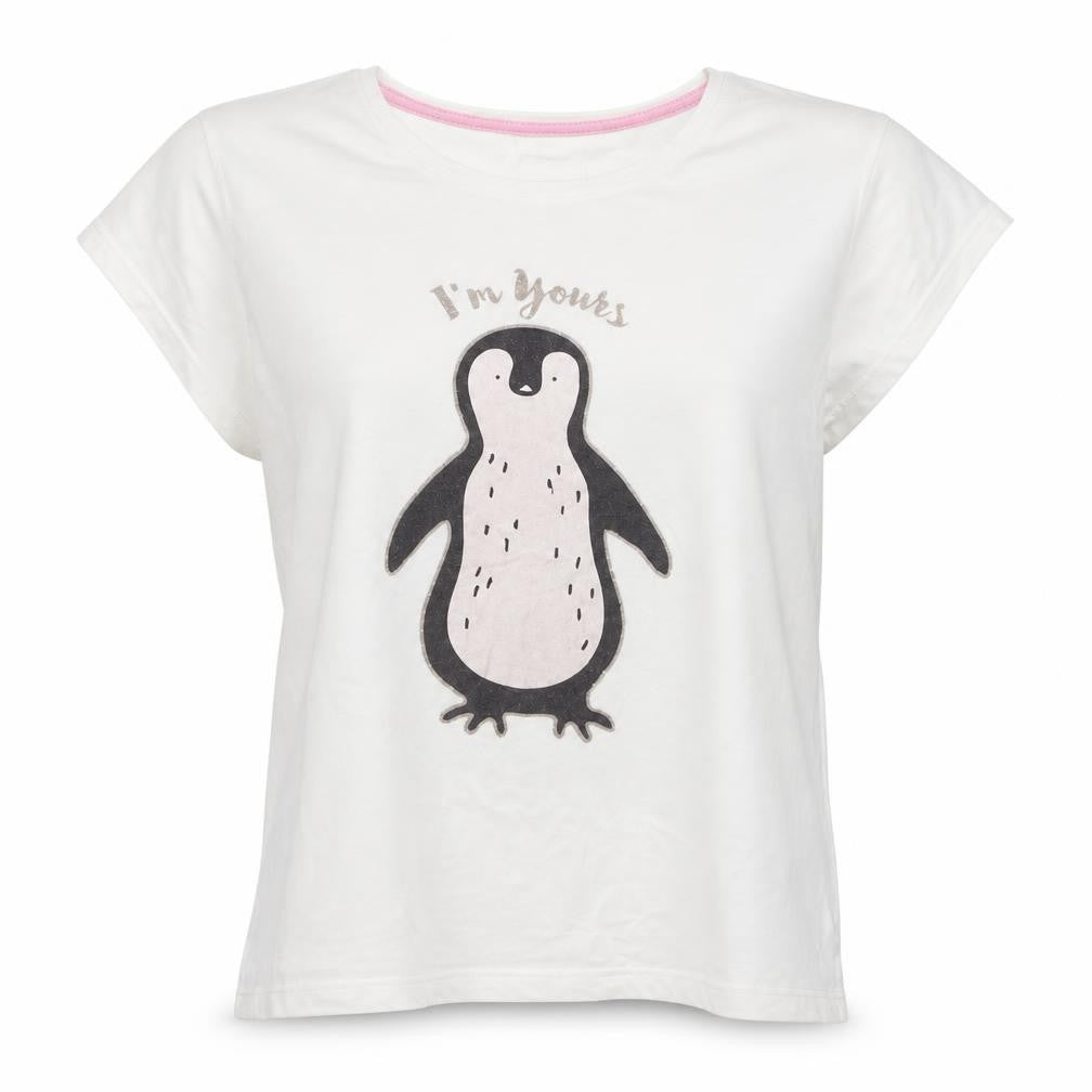 Front view of Pep&Co women’s white top pyjama top, size UK 12, - penguin