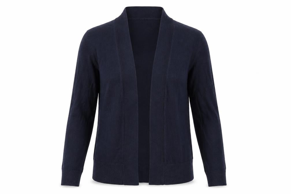 Front view of Marks & Spencer women’s blue knit cardigan jumper, size S