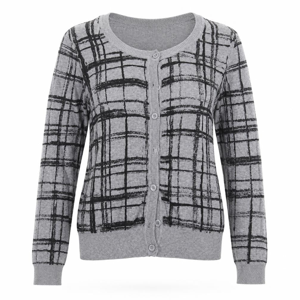 Front view of New Look women’s grey check knit cardigan jumper, size UK 8