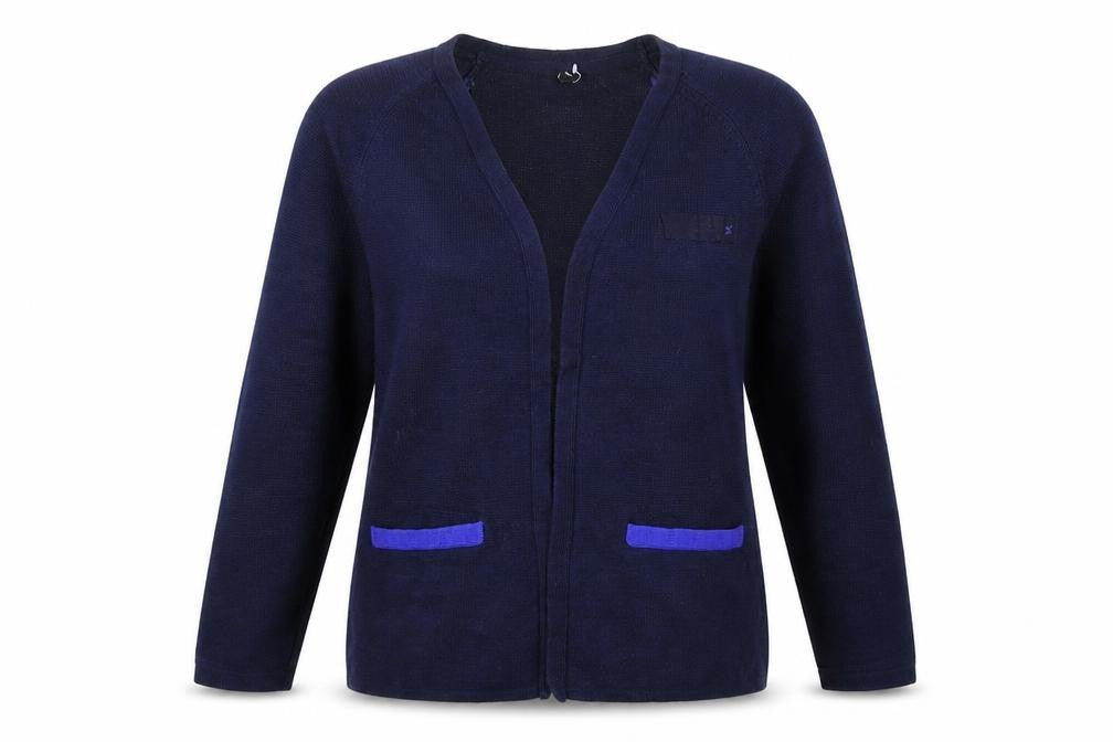 Front view of Preworn women’s blue knit cardigan jumper, size UK 6