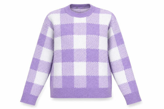 Front view of Primark women’s purple check knit jumper, size XS