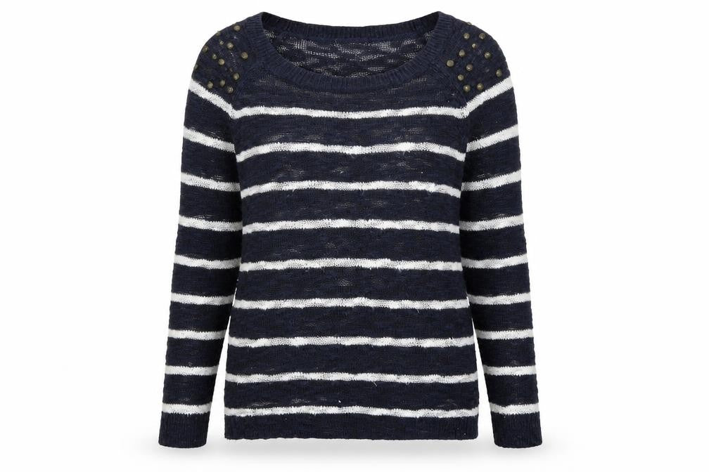 Front view of F&F women’s blue striped jumper, size UK 8