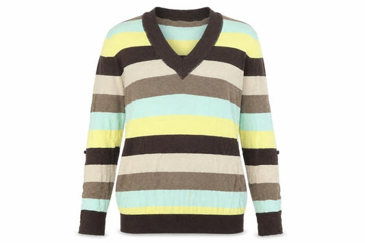 Front view of Next women’s brown striped jumper, size UK 8