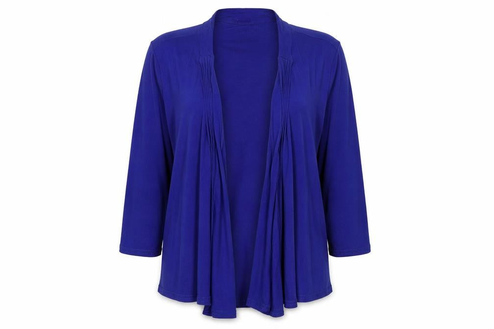 Front view of BHS women’s blue cardigan jumper, size UK 14
