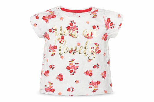 Front view of Primark girls’ pink floral basic t-shirt, size 12-18, months