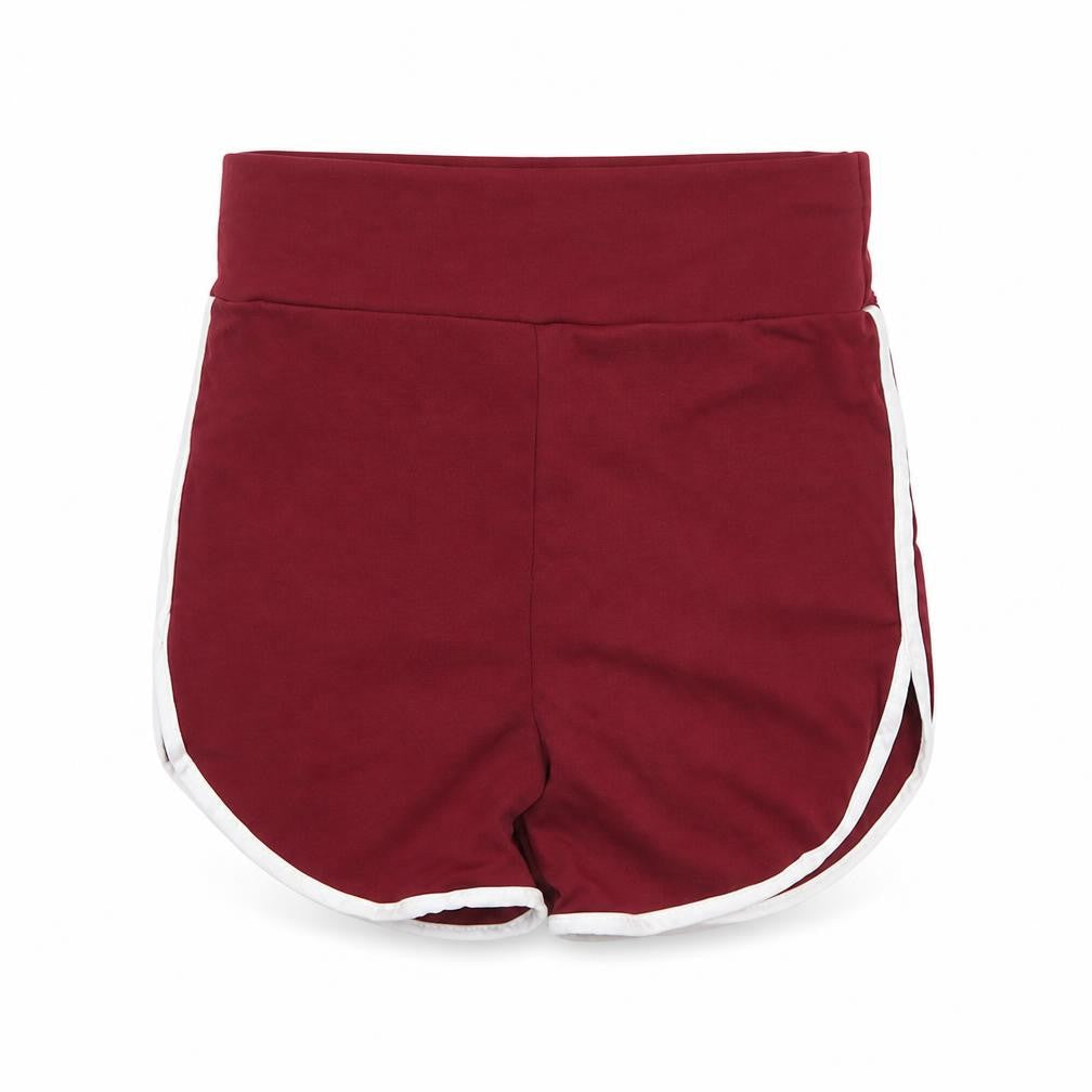 Front view of Preworn women’s red hot pants shorts, size UK 28