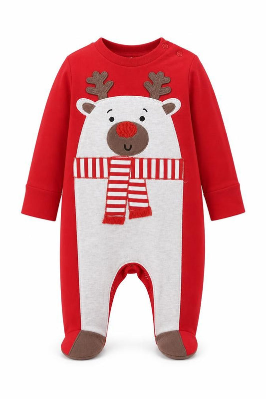 Front view of F&F boys’ red babygrow one-piece, size 0-3, months - christmas