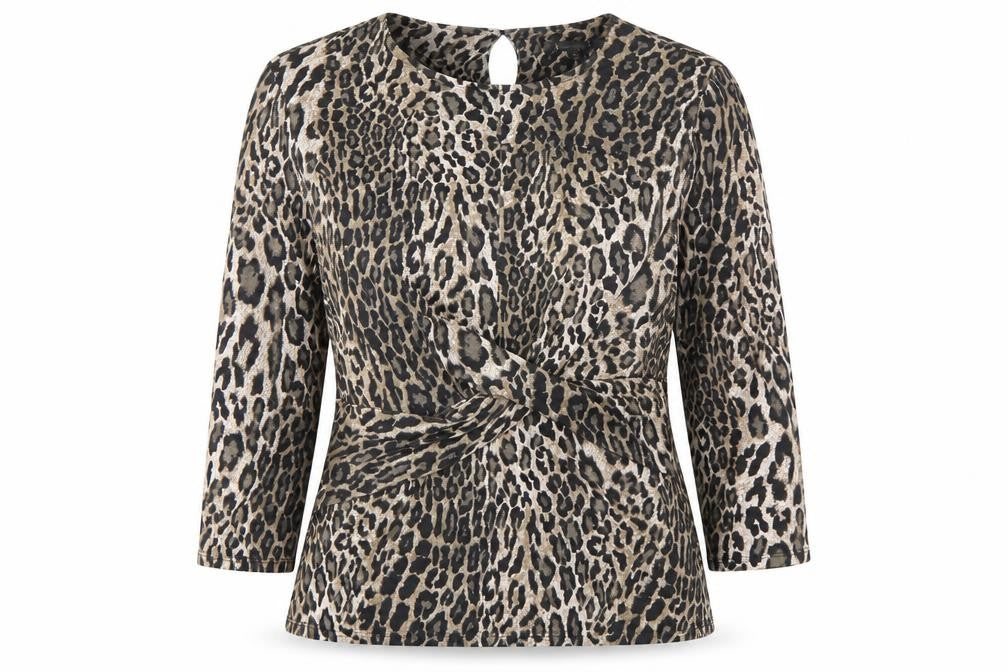 Front view of Bonmarché women’s brown animal print basic t-shirt, size UK 12