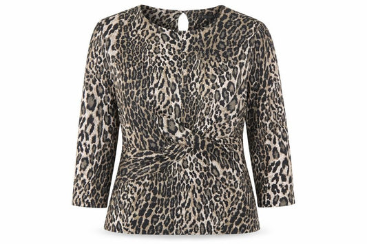 Front view of Bonmarché women’s brown animal print basic t-shirt, size UK 12