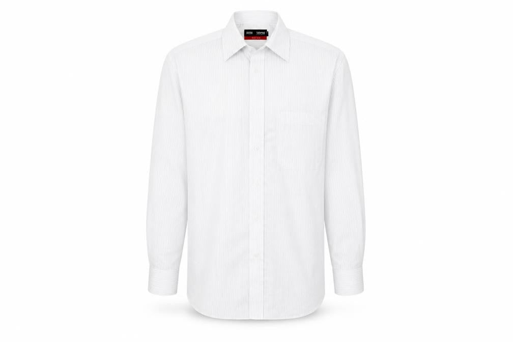 Front view of Marks & Spencer men’s white striped button-up, size 15
