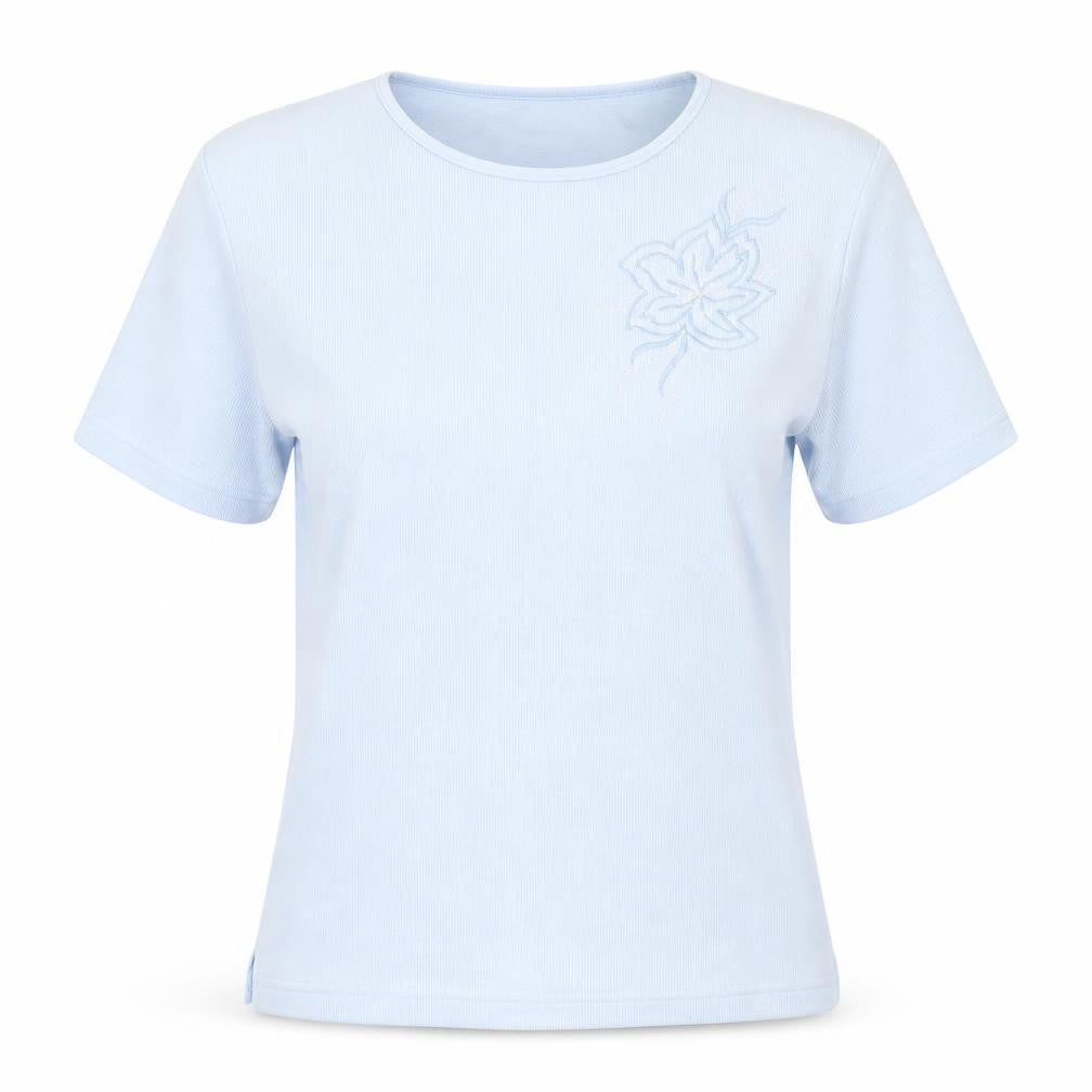 Front view of Bonmarché women’s blue floral basic t-shirt, size S