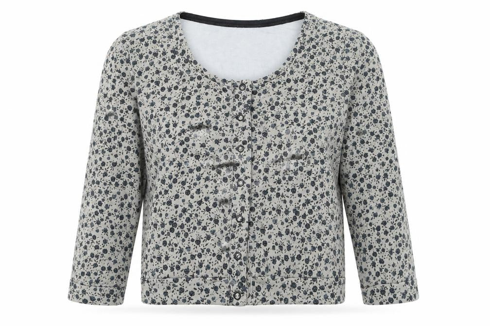 Front view of H&M women’s grey floral cardigan jumper, size UK 6