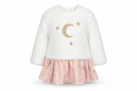Front view of Isaac Mizrahi girls’ white floral jumper, size 12-18, months - faux skirt trim