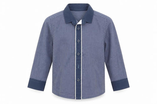 Front view of George boys’ blue striped basic button-up, size 18-24, months