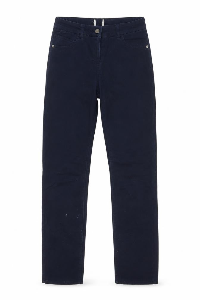 Front view of women’s blue straight jeans, size UK 8, 28-inch leg