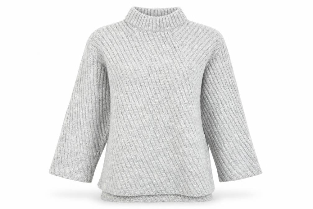 Front view of Atmosphere women’s grey striped jumper, size UK 10