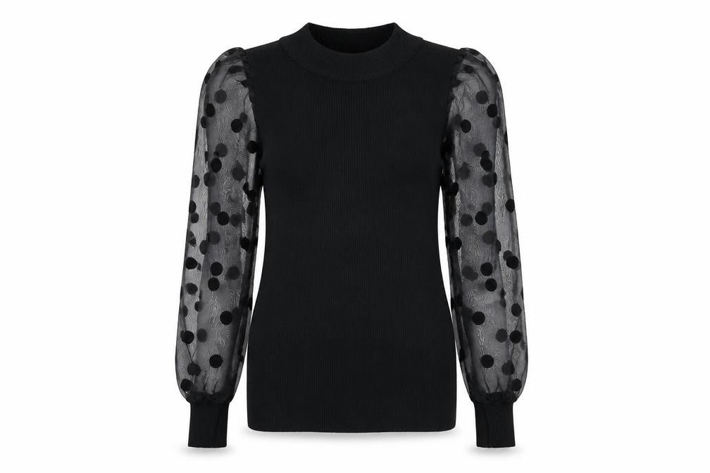Front view of Flamant Rose women’s black polka dot jumper, size M