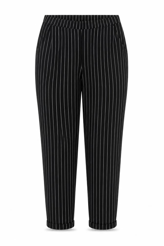 Front view of Divided women’s black striped trousers, size M, 25-inch leg