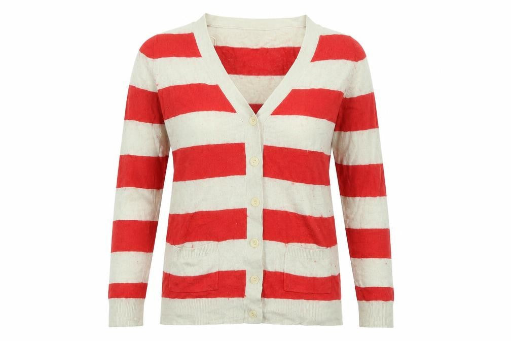 Front view of Papaya women’s red striped cardigan jumper, size UK 10