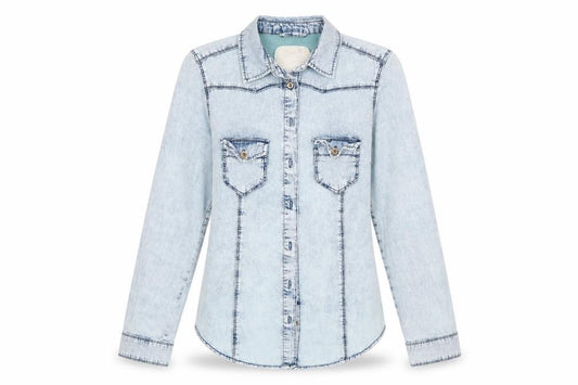 Front view of Denim Co women’s blue denim basic button-up, size UK 8