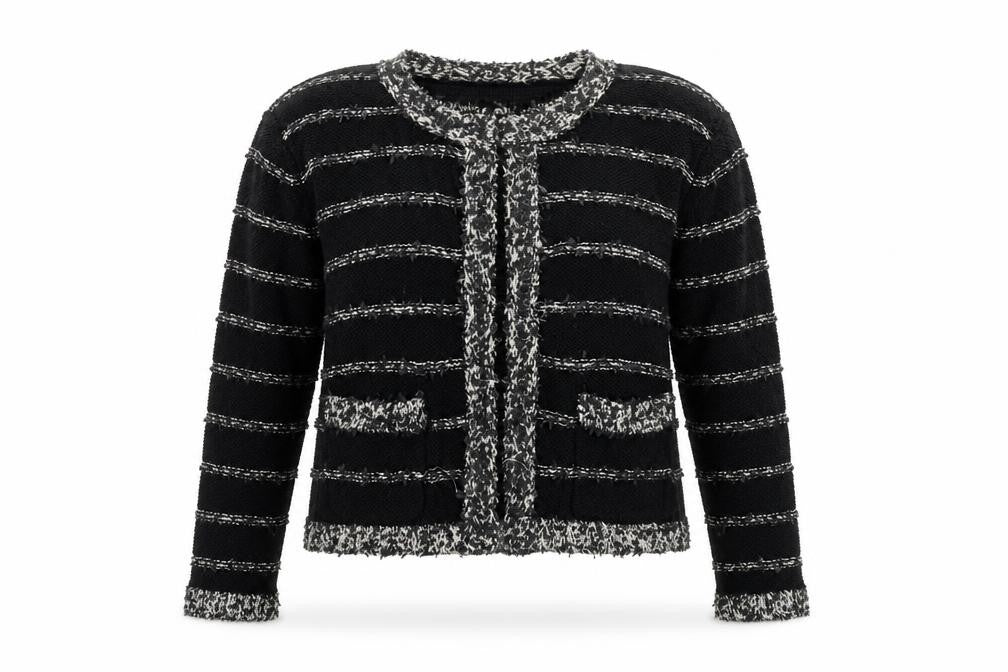 Front view of Sweewë Paris women’s black striped cardigan jumper, size M