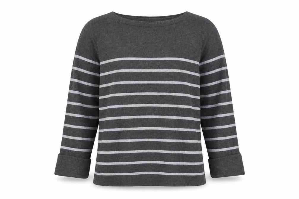 Front view of Adrienne Vittadini men’s grey striped jumper, size M