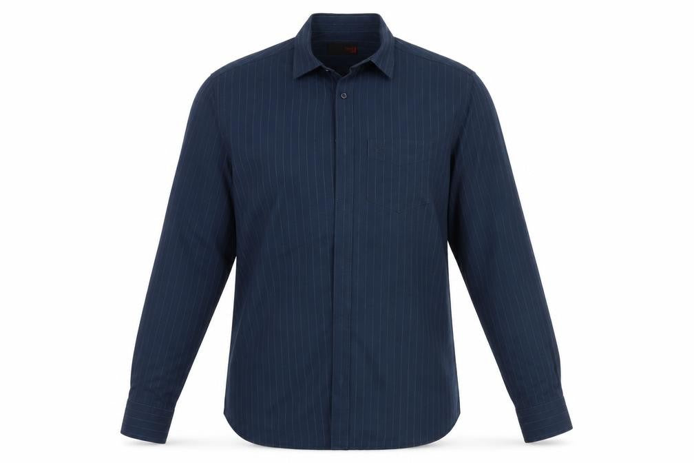 Front view of Next men’s blue striped button-up, size S