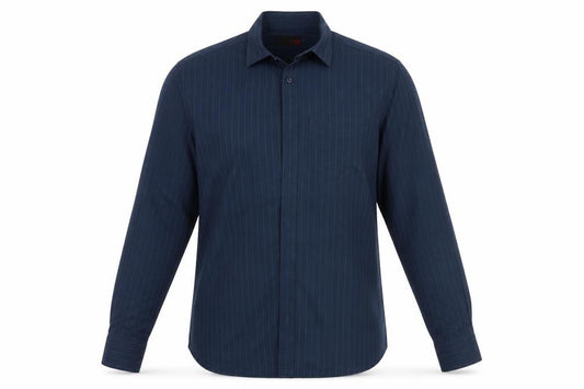 Front view of Next men’s blue striped button-up, size S