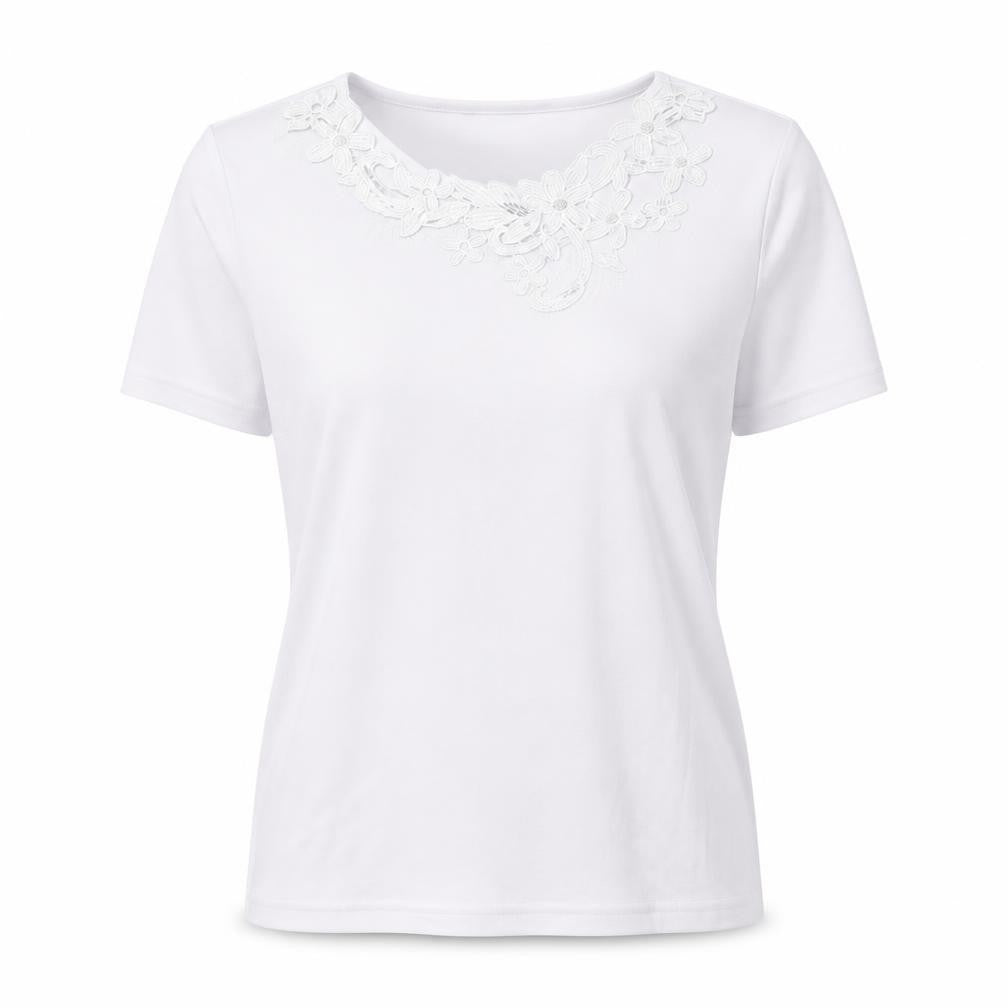Front view of Preworn women’s white floral basic t-shirt, size S