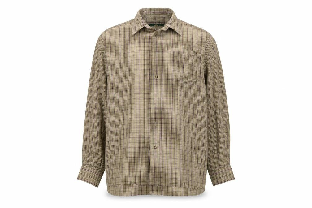 Front view of Greenwoods men’s beige check button-up, size L