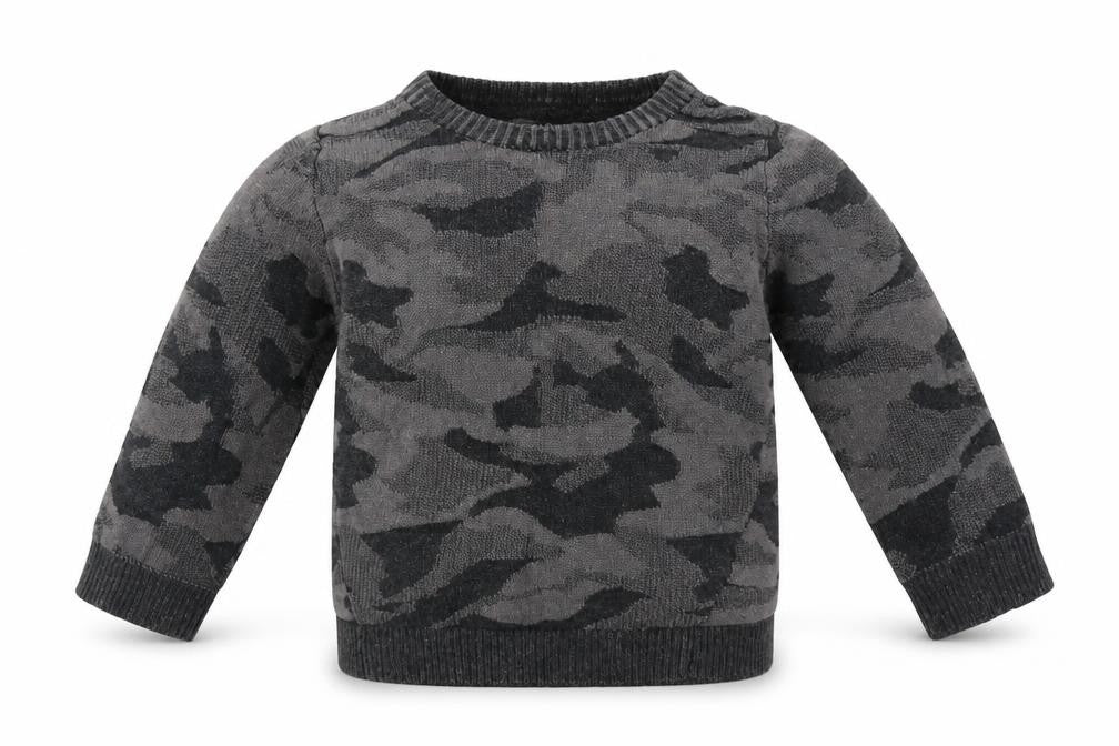 Front view of Primark Baby Grey Camouflage jumper, size 18-24, Months
