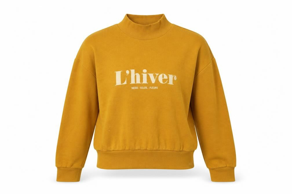 Front view of H&M women’s yellow pullover sweatshirt, size XS