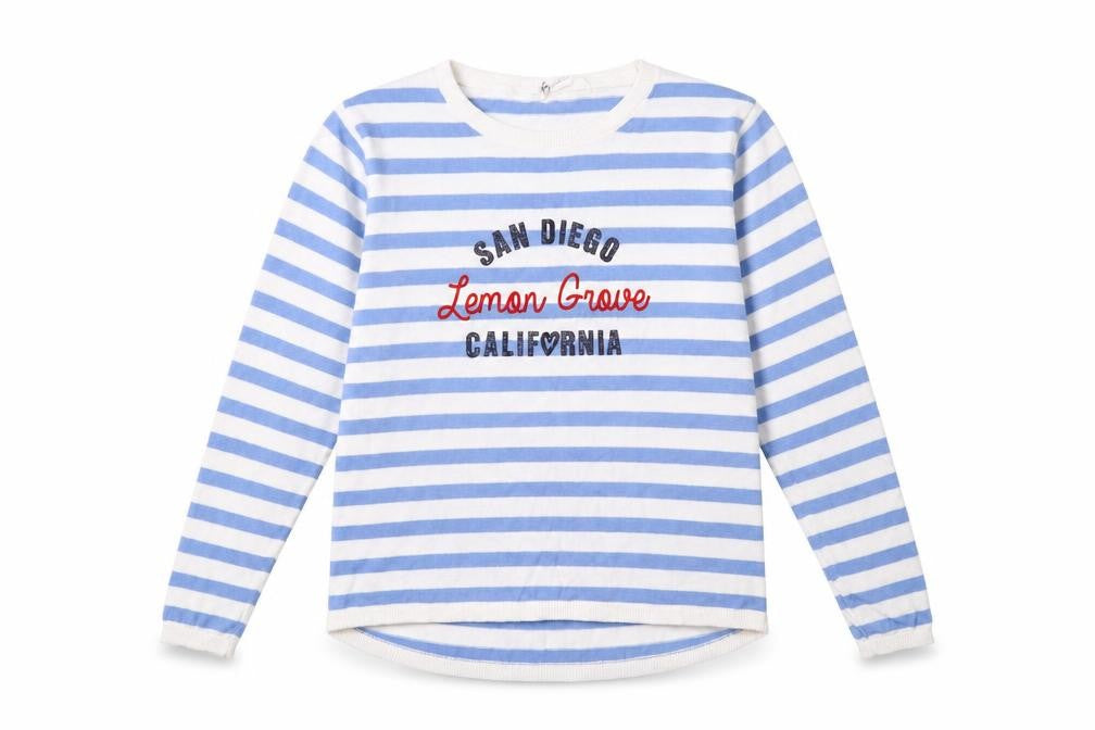 Front view of H&M girls’ blue striped jumper, size 11, years - california