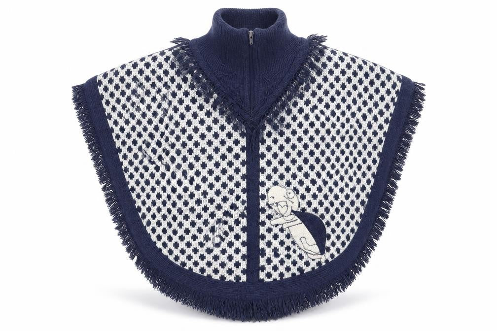 Front view of Jomar women’s blue geometric knit cape jumper, size L