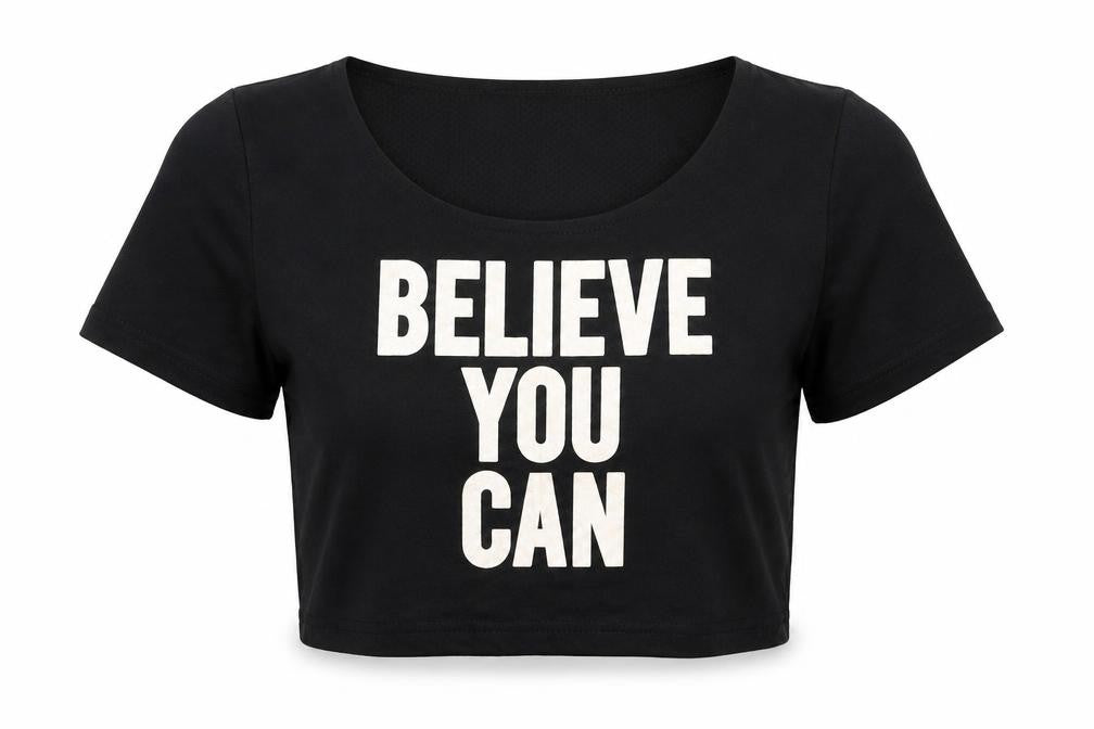 Front view of Preworn women’s black cropped t-shirt, size S
